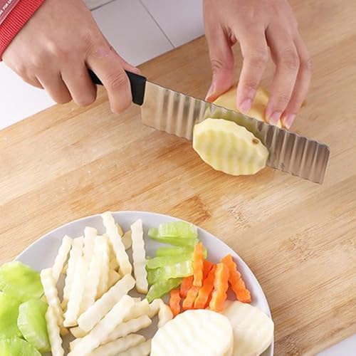 Image of Stainless Steel Wavy Blade Crinkle Cutter Knife - Vegetable & Potato Chip Slicer with Durable Nylon Handle - French Fry Cutter, Fruit, Salad, and Garnish Making Tool for Kitchen (Knife Black)