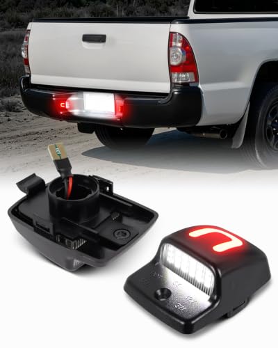 Image of Full LED License Plate Lights for Toyota Tacoma 2005-2015 Tundra 2000-2013 | Red U-Shape LED License Plate Lamp Assembly, 6000K White Rear Tag Lights, IP67 Waterproof, Plug & Play, Clear Lens, Pack of 2