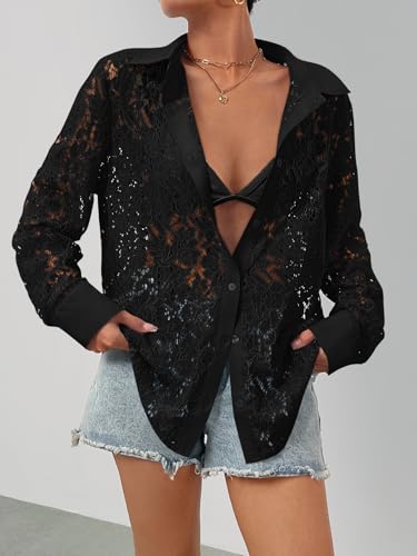 MEROKEETY Women's Lace Long Sleeve Tops Dressy Casual Blouse Button Down Sheer Elegant Summer Shirts