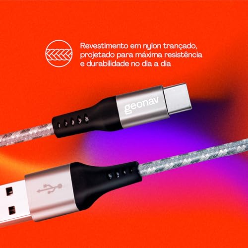 Geonav Cabo USB-C (tipo C) para USB, carregamento rápido, nylon trançado, 1,5MT, UCC06, Cinza/Branco