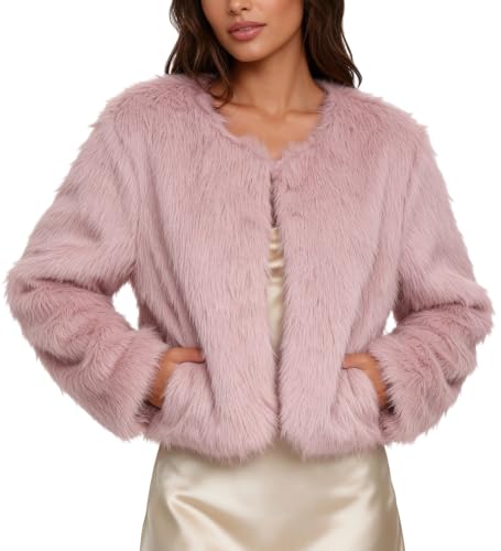 Image of Amazhiyu Womens Faux Fur Coat with Pocket, Plush Winter Open Front Jacket with Pockets Pink XL