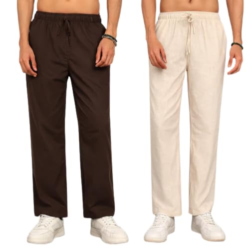 Men’s Cotton Linen Pajama & Trouser Combo Pack of 2 – Beige & Brown Relaxed Fit Lightweight Breathable Lounge Pants with Elastic Waist & Drawstring for Sleepwear, Travel, Vacation-image-32