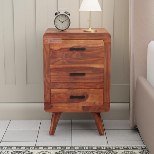 Image of DRIFTINGWOODb Alicia Solid Wood Bedside Table | Wooden Bed Side Tables with Drawers | Nightstand Side Table for Bedroom | Nigh Stand End Table with 3 Drawers Storage for Home | Honey Finish