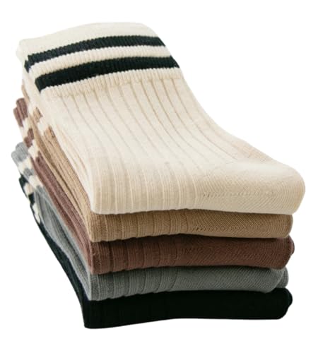 Image of Deeorla Womens Striped Crew Socks Brown Vintage Retro Athletic Socks 5 Pairs