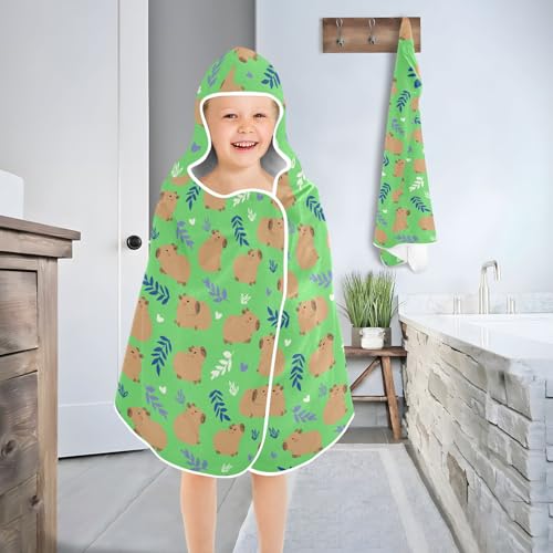 Image of Green Cute Capybara Hooded Beach Towel for Kids, Kids Bath Hooded Towels for Boys Girls, Super Soft Absorbent Bathrobe with Hood for Swin Pool 50 inchx23.5 inch