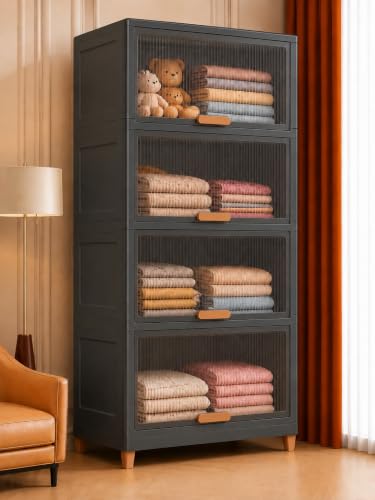 Image of YouCopia Collapsible Wardrobe, 4 Tier Foldable Plastic Clothes Storage Cabinet with Transparent Magnetic Doors, Dustproof Stackable Portable Wardrobe Organizer for Bedroom, Kids