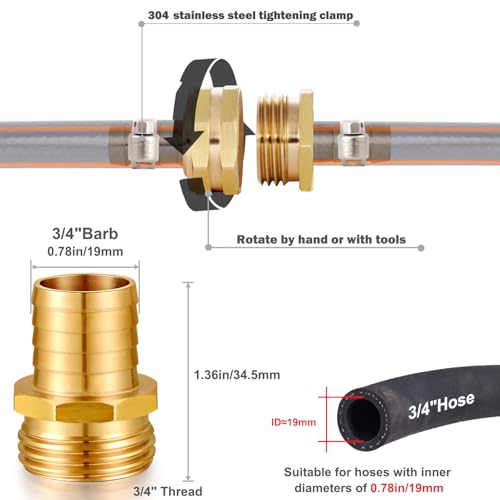 Image of Solid Brass Garden Hose Repair kit Connector with Clamps 3 /4 inch Barb x 3 /4 inch Male,Fit for Garden Hose Fitting,Male and Female Hose Fittings