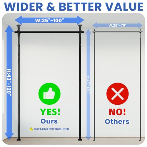 Image of Room Divider Tension Curtain Rods No Drilling Room Separator for Space Partition Adjustable (W) 35-100inx(H) 43-120in, Heavy Duty Temporary Wall Divider Floor to Ceiling Tension Rod, Black, 1 Pack