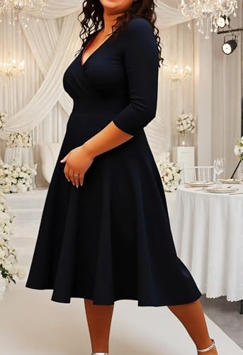 Image of Womens Plus Size Dresses Faux Wrap Summer Dress 3 /4 Sleeves V Neck 1950s Retro Vintage Wedding Party Midi Dress