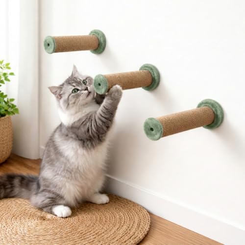 Image of Wall-Mounted Cat Scratching Poles, Natural Jute, Blue Plush Ends, Space-Saving Design (10X5 INCH) (FURR-155) (Green)