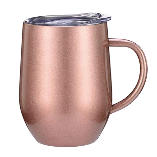 Jingtaihua Tazas de café de acero inoxidable con tapa de sellado, tazas de viaje de aislamiento de vacío de doble pared con mango, 350 ml, oro rosa Cover