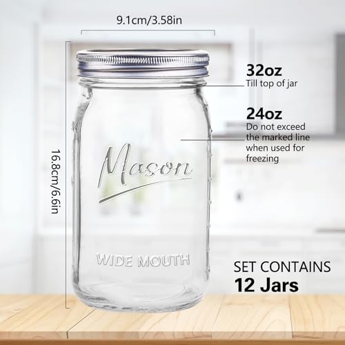 Galssmagic Mason Jars 32 oz,12 Pack Quart Wide Mouth Mason Jar With Airtight Lids,Glass Canning Jars for Fermenting, Pickling,Meal Prep,Overnight Oats & Centerpieces