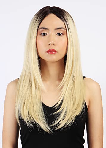 Perruque longue lace blonde sans frange effet racine naturelle cheveux synthétiques