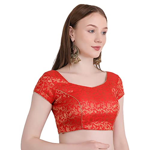 Image of Women's Short Sleeve Brocade (Chanderi) Readymade Stitched Saree Blouse Ready to Wear Half Sleeves Ladies Blouse