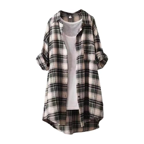 チェックシャツ レディース 赤 長袖 シャツ レディース トップス ロング トップス 春服 秋服 冬服 チェック柄 おしゃれ カジュアル 体型カバー カーディガン 普段着 韓国 ボタン コート BF風 長袖 コート 原宿系 ロング カーディガン(緑,3XL)のサムネイル