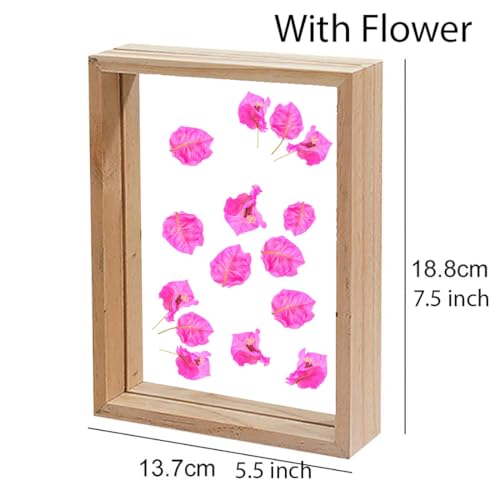 Image of Desi Rang Wooden Rectangular Frame For Wall Decor Table Top Hanging Any Green Or Dry Plant Leaf Picture Photo DIY Gift Home Decoration (Natural,Rec,7.7X5.5 Inch,With Pink Flower)