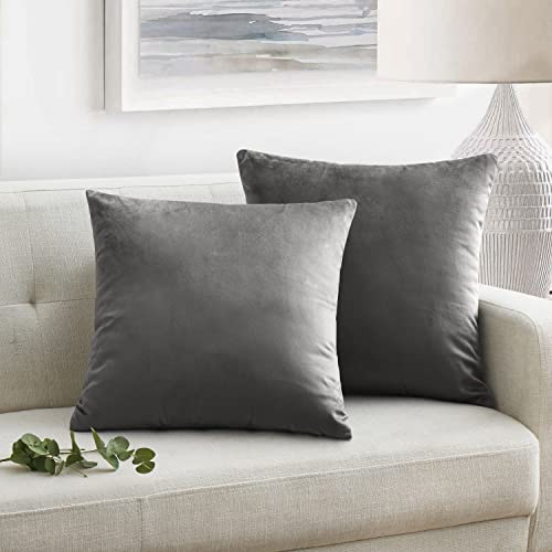 Image of Oxford Homeware Velvet Cushion Covers 45 x 45 (Pack of 2) Square Throw Pillow Cases Soft Decorative Grey Cushion Cover for Bedroom Living Room with Invisible Zipper (18 x 18 Inch)
