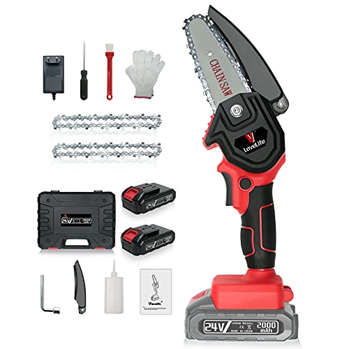Vlovelife Mini-Kettensäge, 4-Zoll-24-V-Elektro-Kettensäge mit 2 Akkus und 2 Kettensägen, Einhändige Tragbare Akku…
