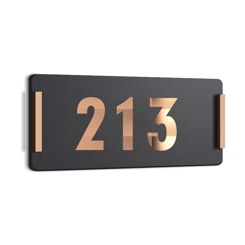 Image of HOTEL ROOM NUMBER PLATES - 213| Black acrylic board fixed mirror gold number | Easy installation type double sided tape fixed on backside