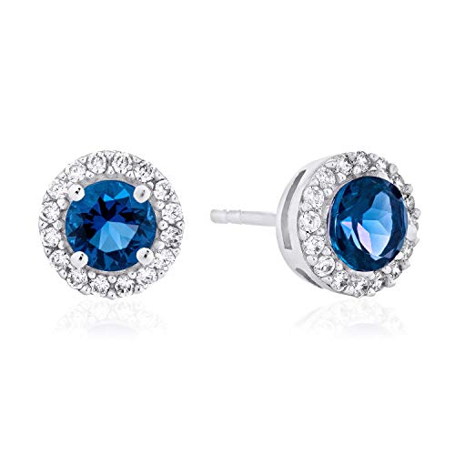 .925 Sterling Silver Birthstone and Lab Grown White Sapphire Halo Stud Earrings - Created Blue Sapphire, September