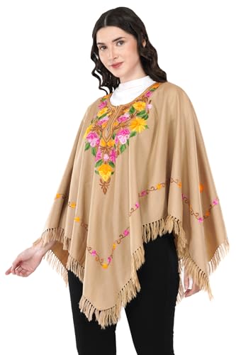 Image of Premium Women's Kashmiri hand embroidery floral woollen poncho Indian cape wrap shrug Free size