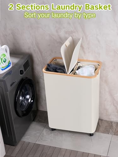 Image of efluky Double Laundry Hamper with Wheels, Divided Laundry Hamper with Removable Bags, 2 Section Dirty Clothes Basket with Handles for Bathroom, Bedroom & Laundry Room, 160L Beige