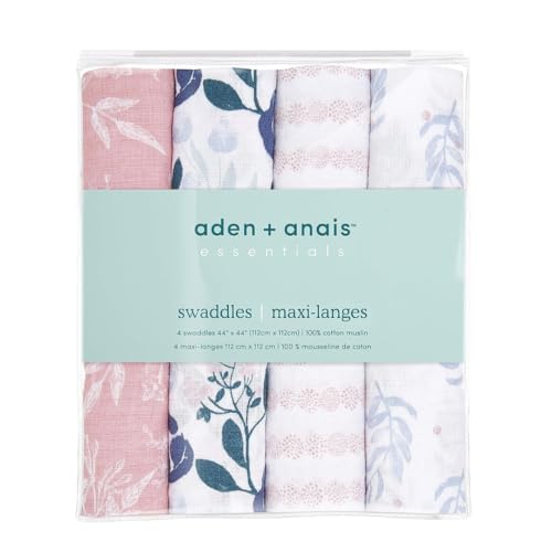 Image of aden + anais Essentials Muslin Swaddle Blankets for Baby Girls and Boys, Newborn Receiving Blanket for Swaddling, 100% Cotton Baby Swaddle Wrap, 4 Pack, Flower's Bloom
