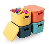 HapiLeap Plastic Storage Bins with Lid, Stackable Storage Containers for Organizing, Decorative Storage Baskets for Shelves Living Room Playroom Classroom Office (Small (4 PCS))