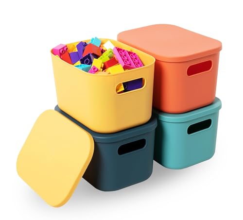 HapiLeap Plastic Storage Bins with Lid, Stackable Storage Containers for Organizing, Decorative Storage Baskets for Shelves Living Room Playroom Classroom Office (Small (4 PCS))