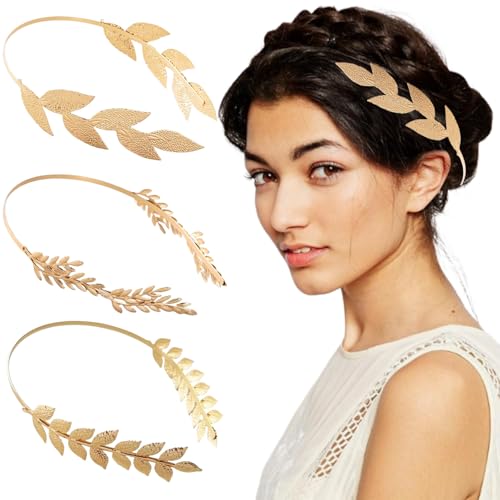 3 Pcs Gold Color Leaf Headbands Baroque Vintage Golden Olive Leaves Hair Hoop, Goddess Crown Bridal Headband for Women Girls Wedding Hair Accessories Queen Hair Decoration for Daily Use