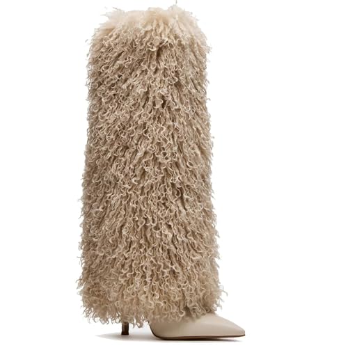 Fur Knee High Boots for Women Pointed Toe Stiletto Heel Fold Over Tall Boots Fashion Wide Calf Long Booties4