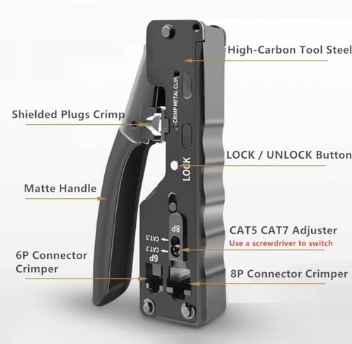 Image of Xikkart Crimping Tool, Rj45 Wire Cutter, Tool Kit, for Cat5 Cat5E Cat6 Network Connectors Cat6A Cat7 Shielded Modular Plugs Rj45 Rj12 Rj11 Crimp Tool (Strip Cut and Crimp All-in-One) - Black