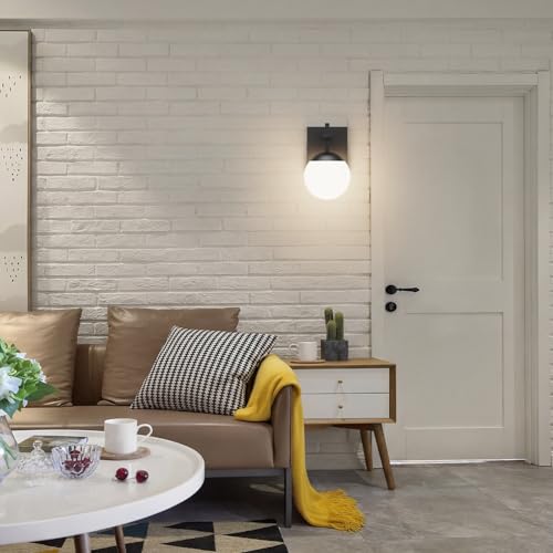 Image of Ralbay Black Indoor Wall Sconces Set of 2,Mid Century Modern Bathroom Wall Lighting Fixtures Milky Glass Wall Lamp for Bedroom Living Room Vanity Hallway, Matte Black (Exclude Bulb)