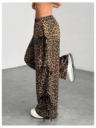 Women's Leopard Print Wide Leg Sweatpants Bow Knot Elastic Waist Loose Long Pants Streetwear4