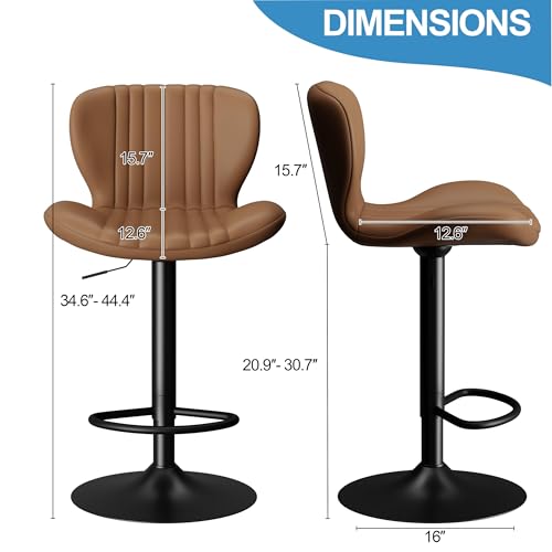 Image of Shintenchi Bar Stools Set of 2 Modern Swivel Bar Chairs, Counter Height Faux Leather Metal Barstools, Upholstered Island Chairs with Back and Footrest, Coffee