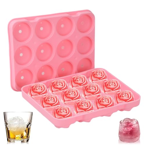 Rose Ice Cube Tray,12 Cavity Silicone Rose Ice Ball Maker, Food Grade Silicone Mold,Easy Release Large Ice Cube Form, Ideal for Chilled Drinks & DIY Treats, for Cocktails & Whiskey