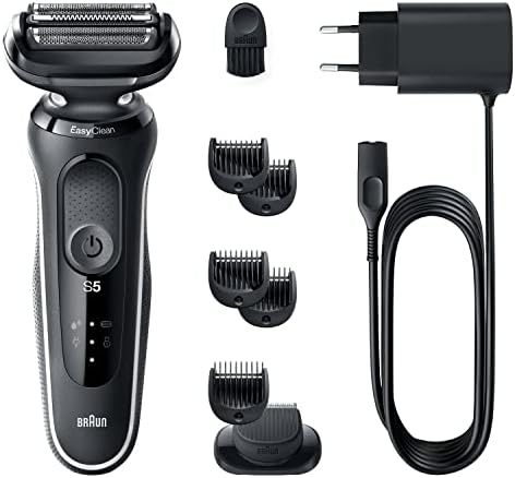 Braun Series 5 golarka męska z nasadką EasyClick, golarka elektryczna i trymer do brody, EasyClean, na mokro i sucho, do ponownego ładowania i bezprzewodowa, prezent dla mężczyzny, 51-W1500s, biała