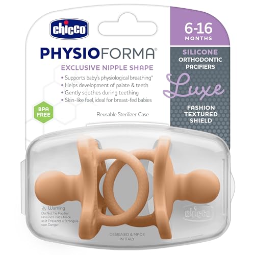 Image of Chicco PhysioForma Luxe Orthodontic Pacifier for Babies 6-16 Months, One-Piece 100% Soft Silicone, Supports Breathing, Textured Shield & Handle, Sterilizing Case, BPA Free, Cantaloupe,oz.(Pack of 6)