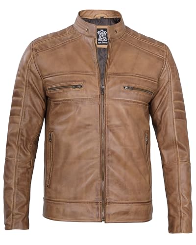 Image of Decrum Cafe Racer Leather Jacket for Men - Real Lambskin Motorcycle Style Mens Jacket with Zipper Closure