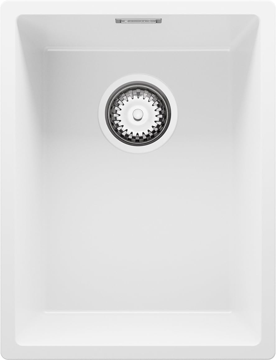 PRIMAGRAN Fregadero Cocina Blanco - London Slim, 36x47cm | Granito 1 Seno + Sifón, sobre Encimera al Mueble 40cm (S028)