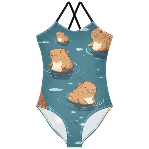 Pigsaly Girls One Piece Swimsuits Cartoon Capybara Sea Bubble Kids Cross Back Swimwear Toddler Beach Sport Bathing Suit 3T