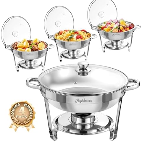 NEWKITCHEN Chafing Dishes for Buffet 4 Pack, 5 QT Round Chafing Dishes for Buffet [Transparent Glass Cover] Stainless Steel Chafing Dish Buffet Set for Any Party Cover
