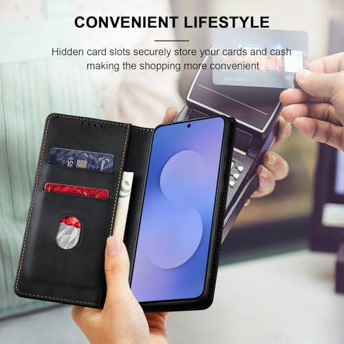 Image of Jasonyu Flip Wallet Case for Samsung Galaxy S25 FE 5G,Leather Magnetic Folio Cover with Card Holder,Kickstand - TPU Shockproof Durable Protective Phone Case,Black