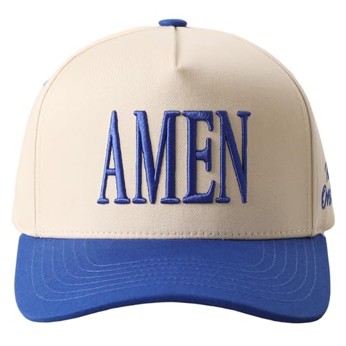 MIRMARU 3D Embroidered Trucker Hat 5 Panel Cotton Baseball Cap with Fun Text Designs Adjustable for Men and Women (US Alpha One Size Amen Blue)