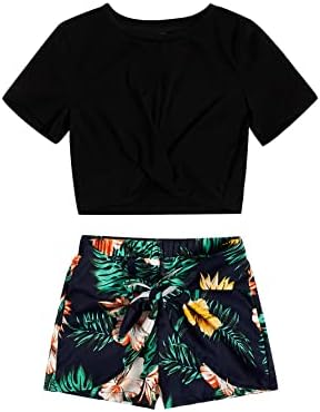 Romwe Girl's Summer 2 Piece Twist Front Crop Tops with Floral Belted Short Set Multicolor 10Y