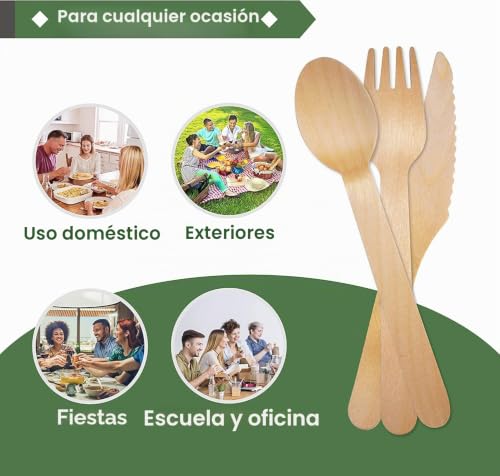 Miniatura 7 de Needfulon Juego De Cubiertos De Madera Desechables De 150 Piezas Ecológicos Biodegradables Y Compostables Para Fiestas Picnic Oficina Bodas Cucharas Profundas, Tenedores Fuertes, Cuchillos Afilados