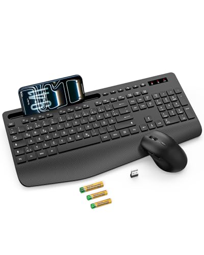 Tastatur Maus Set kabellos Handballenauflage Telefonhalter Akku im Lieferumfang enthalten 2.4G keine Latenz Ergonomische Tastatur kabellos Set Leise Maus und Tastatur für Laptop PC Mac Windows