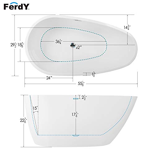 FerdY Freestanding Bathtub 55" x 29.5" New Egg oval shaped Freestanding Soaking Bathtub, Glossy White, cUPC Certified, Toe-Tap Drain & Overflow Assembly Included
