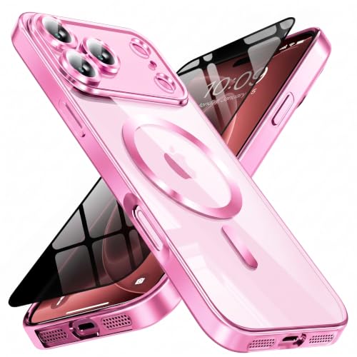 Image of Magnetic for 18 Pro Case with Privacy Screen Protector & Full Camera Cover,[Non-Yellowing] Shockproof Clear Phone Case Compatible with MagSafe Women Girls for 18 Pro,Hot Pink