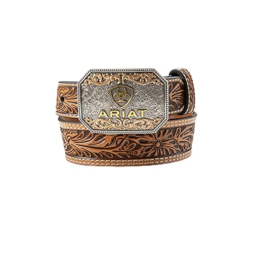 ARIAT Boy's Tapered Floral Embossed Shield Buckle Leather Belt